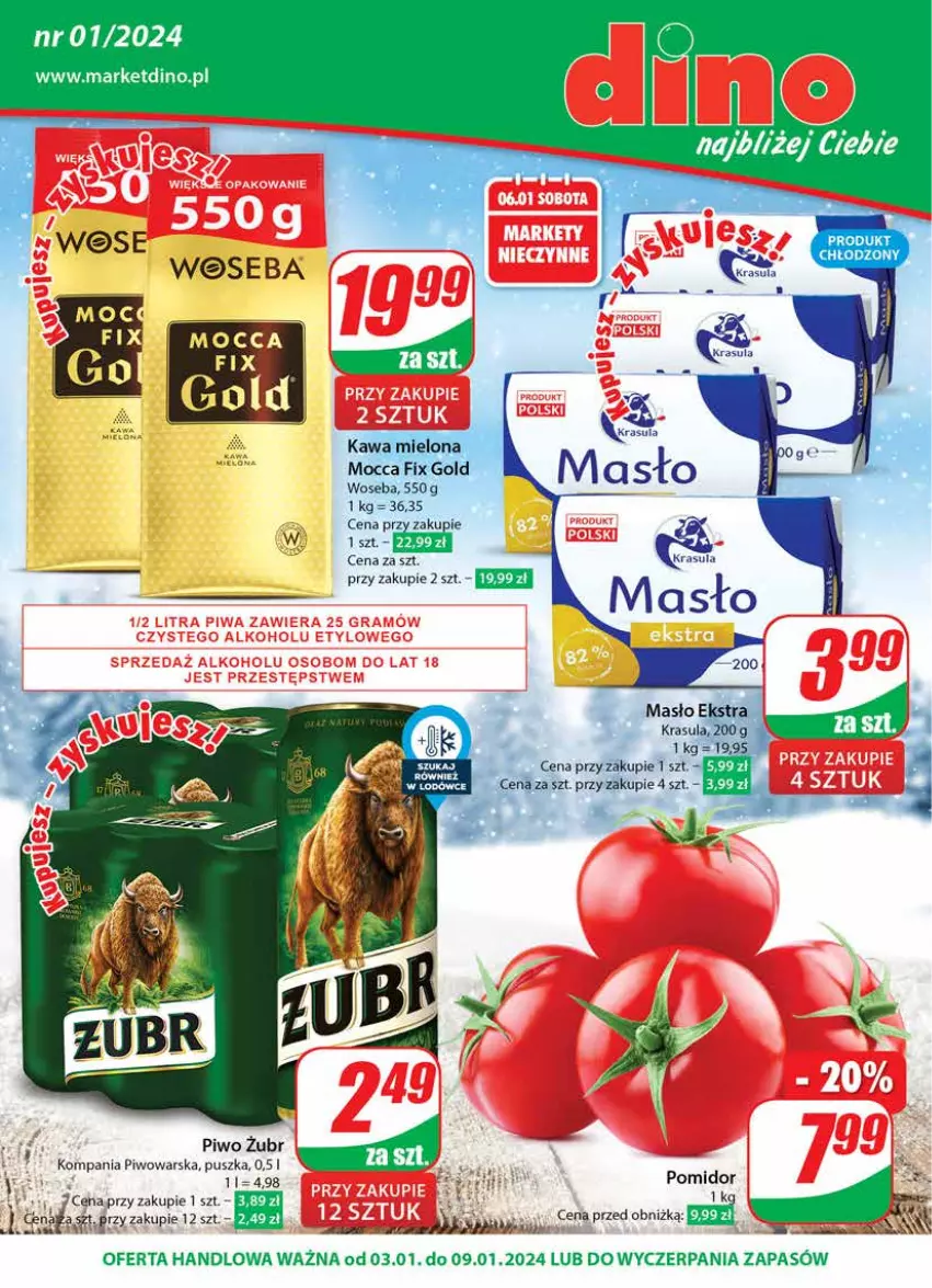 Gazetka promocyjna Dino - Gazetka 1 - ważna 03.01 do 09.01.2024 - strona 1 - produkty: Fa, JBL, Kawa, Kawa mielona, Masło, Mocca Fix Gold, Piwo, Woseba