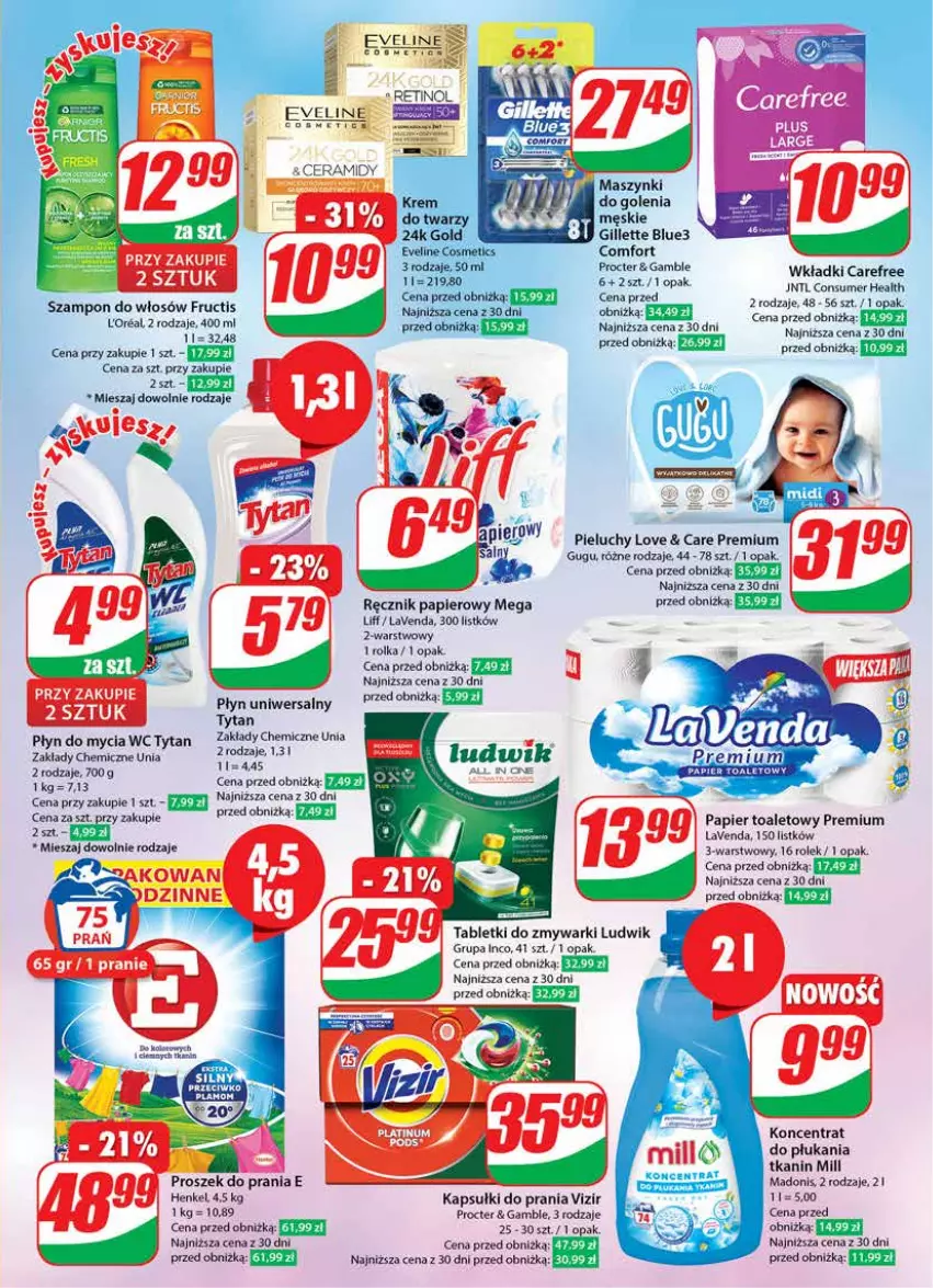 Gazetka promocyjna Dino - Gazetka 1 - ważna 03.01 do 09.01.2024 - strona 23 - produkty: Carefree, Eveline, Fructis, Gillette, Kapsułki do prania, Ludwik, Papier, Papier toaletowy, Pieluchy, Płyn do mycia, Proszek do prania, Ręcznik, Szampon, Tablet, Tabletki do zmywarki, Tytan, Vizir, Wkładki, Zmywarki