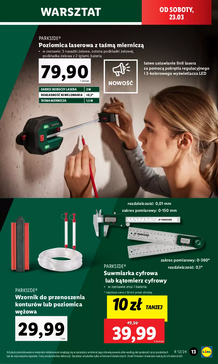 Gazetka promocyjna Lidl - KATALOG PARKSIDE - ważna 23.03 do 24.03.2024 - strona 13 - produkty: Bateria, Miarka, Ogród, Parkside, Podkład, Podkładka, Poziomica, Ser, Taśma miernicza