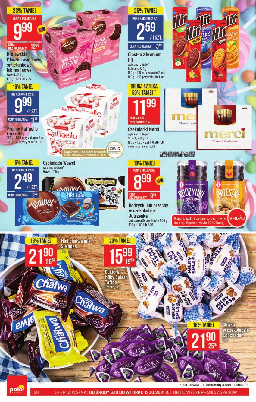 Gazetka promocyjna PoloMarket - Gazetka pomocyjna - ważna 06.10 do 12.10.2021 - strona 20 - produkty: Ciastka, Czekolada, Fa, Ferrero, Jutrzenka, Merci, Praliny, Raffaello, Rodzynki, Wawel