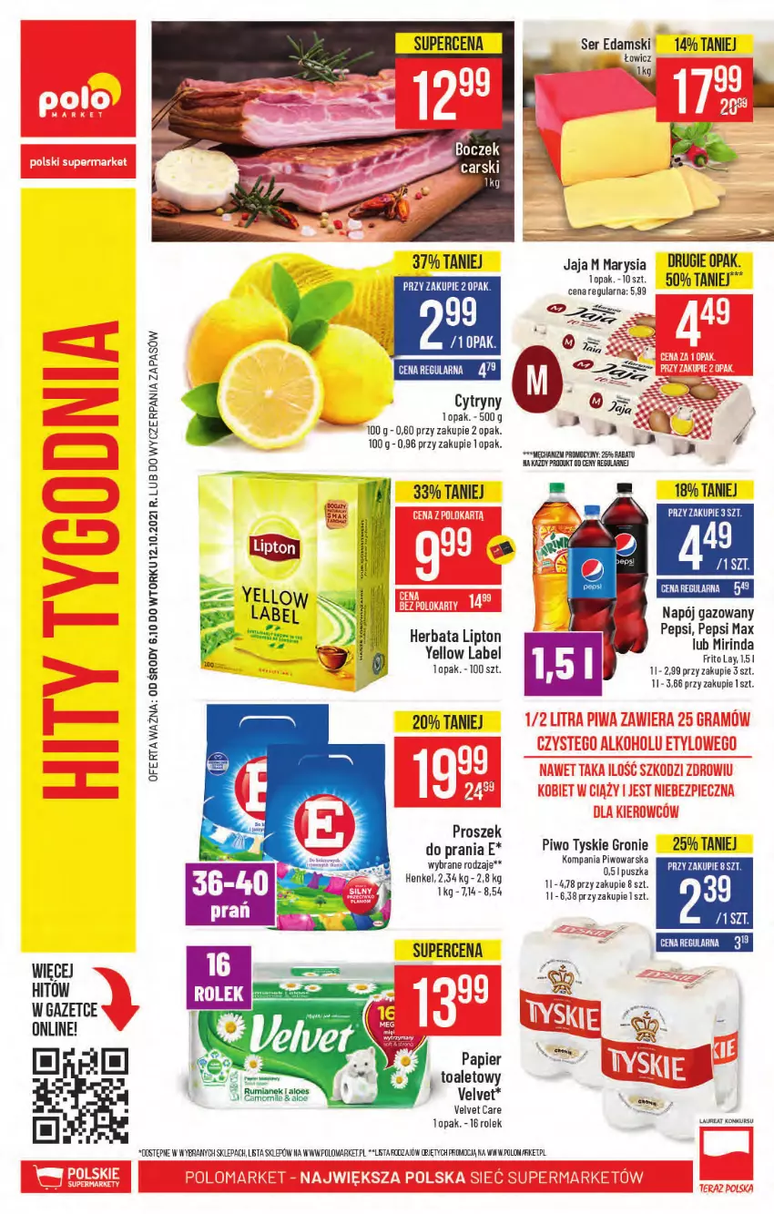 Gazetka promocyjna PoloMarket - Gazetka pomocyjna - ważna 06.10 do 12.10.2021 - strona 60 - produkty: Cars, Edam, Herbata, Jaja, Lipton, Mirinda, Napój, Napój gazowany, Papier, Pepsi, Pepsi max, Piwo, Ser, Tyskie, Velvet