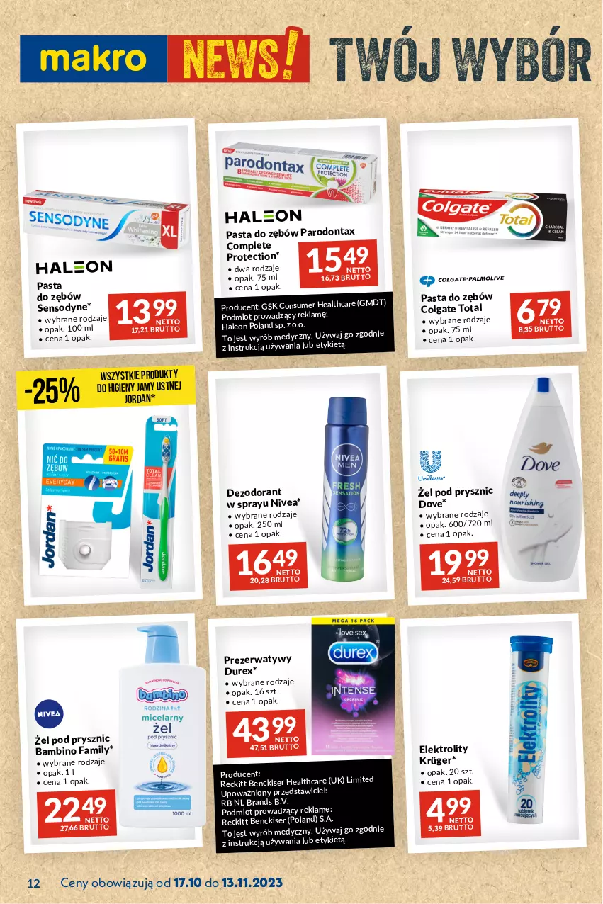 Gazetka promocyjna Makro - Najlepsze oferty - oferta z alkoholem - ważna 17.10 do 13.11.2023 - strona 12 - produkty: Colgate, Colgate Total, Dezodorant, Dove, Durex, Fa, Leon, LG, Nivea, Parodontax, Pasta do zębów, Prezerwatyw, Sensodyne, Ser