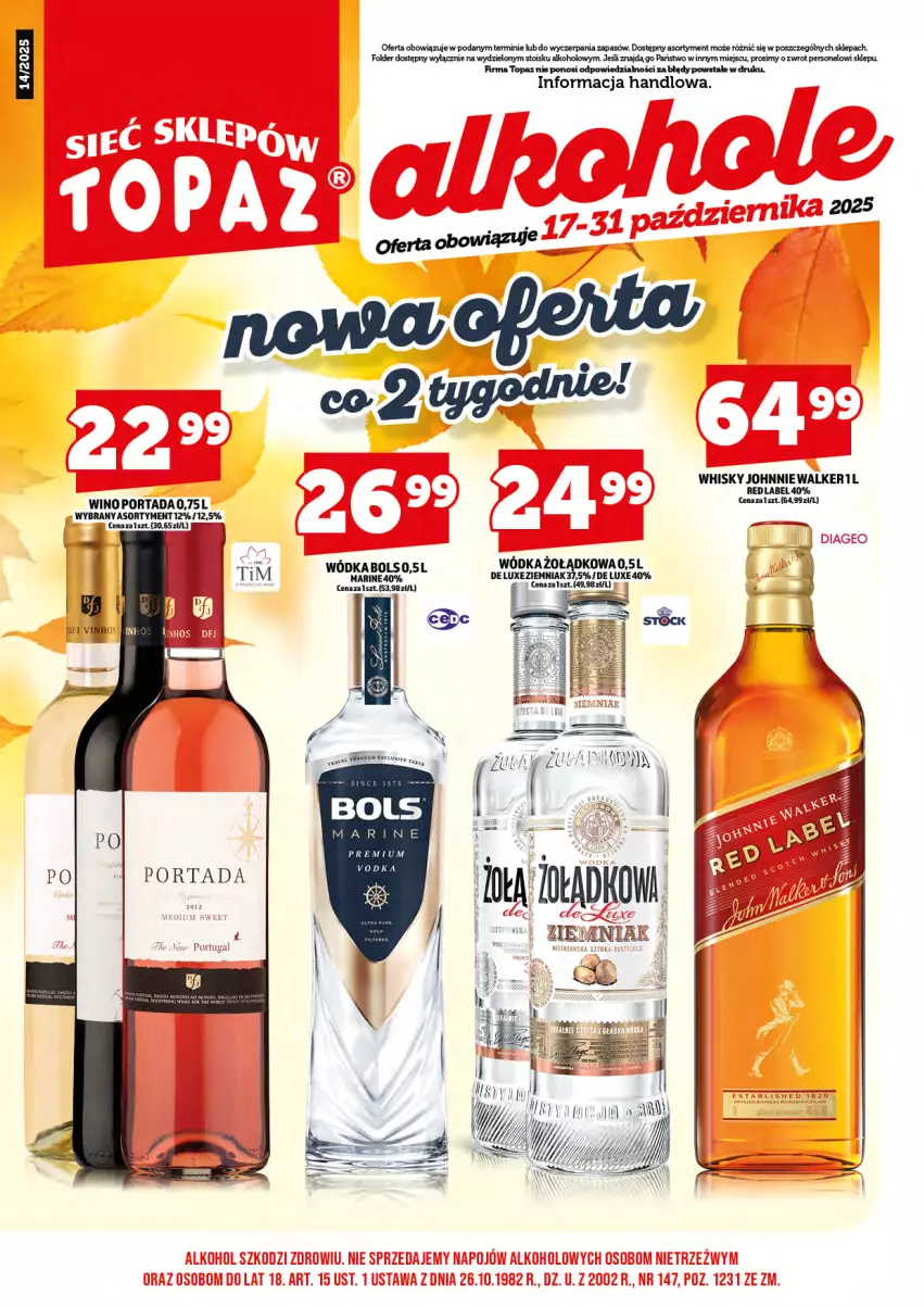 Gazetka promocyjna Topaz - Gazetka - ważna 17.10 do 31.10.2025 - strona 3 - produkty: Bols, Johnnie Walker, Por, Portada, Top, Whisky, Wino, Wódka