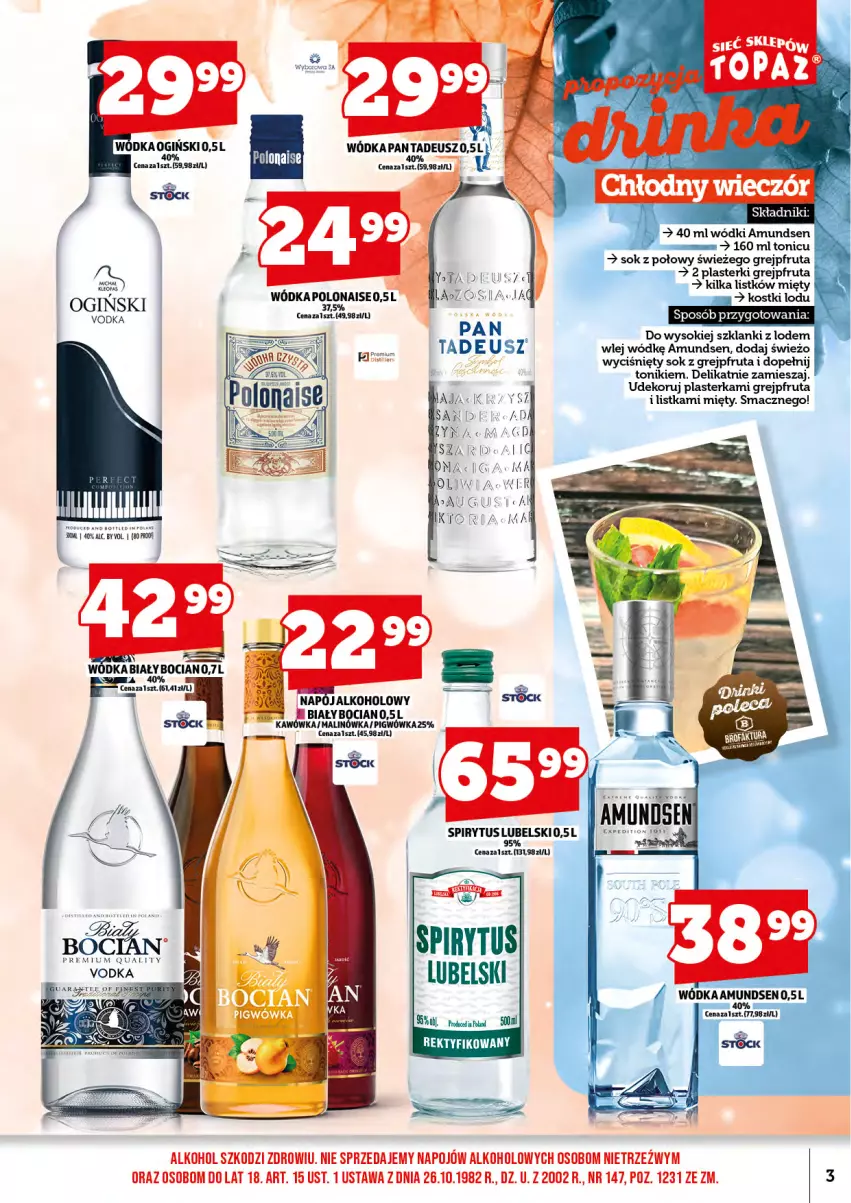 Gazetka promocyjna Topaz - Gazetka - ważna 17.10 do 31.10.2025 - strona 5 - produkty: Amundsen, Biały Bocian, Gin, Grejpfrut, Lanki, Napój, Ogiński, Sok, Tonik, Wódka, Wyborowa