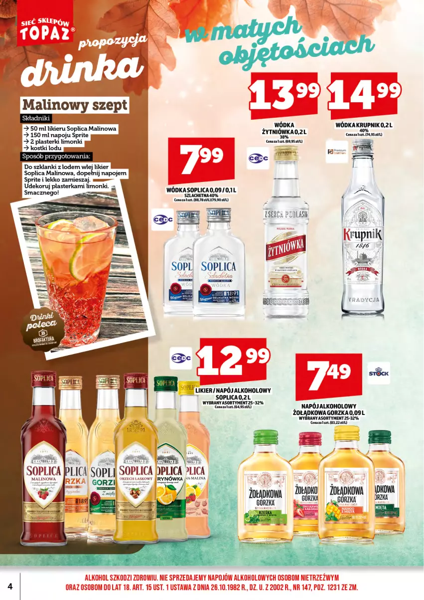 Gazetka promocyjna Topaz - Gazetka - ważna 17.10 do 31.10.2025 - strona 6 - produkty: Lanki, Likier, Napój, Napoje, Plasterki, Soplica, Sprite, Wódka