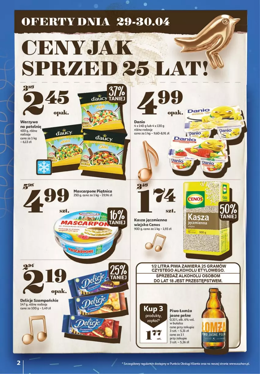 Gazetka promocyjna Auchan - 25 Urodziny #2 Hipermarkety - ważna 29.04 do 05.05.2021 - strona 2 - produkty: Cenos, Danio, Delicje, Gra, Kasza, Kasza jęczmienna, Mascarpone, Piątnica, Piwa, Piwo, Warzywa