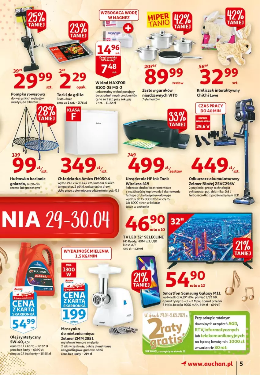 Gazetka promocyjna Auchan - 25 Urodziny #2 Hipermarkety - ważna 29.04 do 05.05.2021 - strona 5 - produkty: Akumulator, Amica, Bateria, Chłodziarka, Clin, Drukarka, Drzwi, Gala, Gra, Granat, Grill, HD ready, HP, Huśtawka, Magnez, Maszynka, Odkurzacz, Olej, Pompka, Rower, Samsung, Smartfon, Szczotka, Szynka, Tera, Tusz, Zelmer