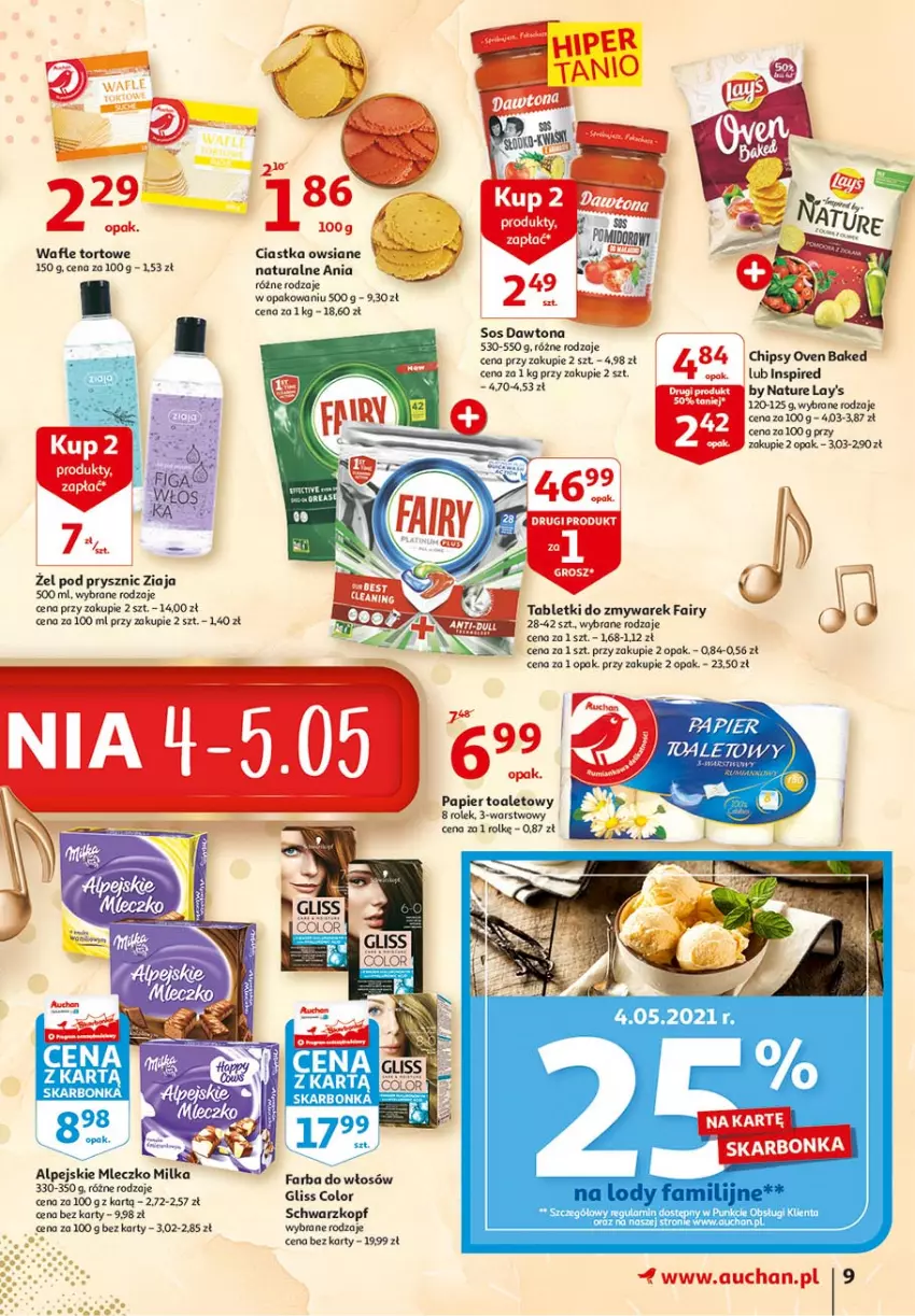 Gazetka promocyjna Auchan - 25 Urodziny #2 Hipermarkety - ważna 29.04 do 05.05.2021 - strona 9 - produkty: Chipsy, Ciastka, Ciastka owsiane, Dawtona, Fa, Fairy, Farba do włosów, Milka, Mleczko, Papier, Papier toaletowy, Sos, Tablet, Wafle, Wafle tortowe, Ziaja