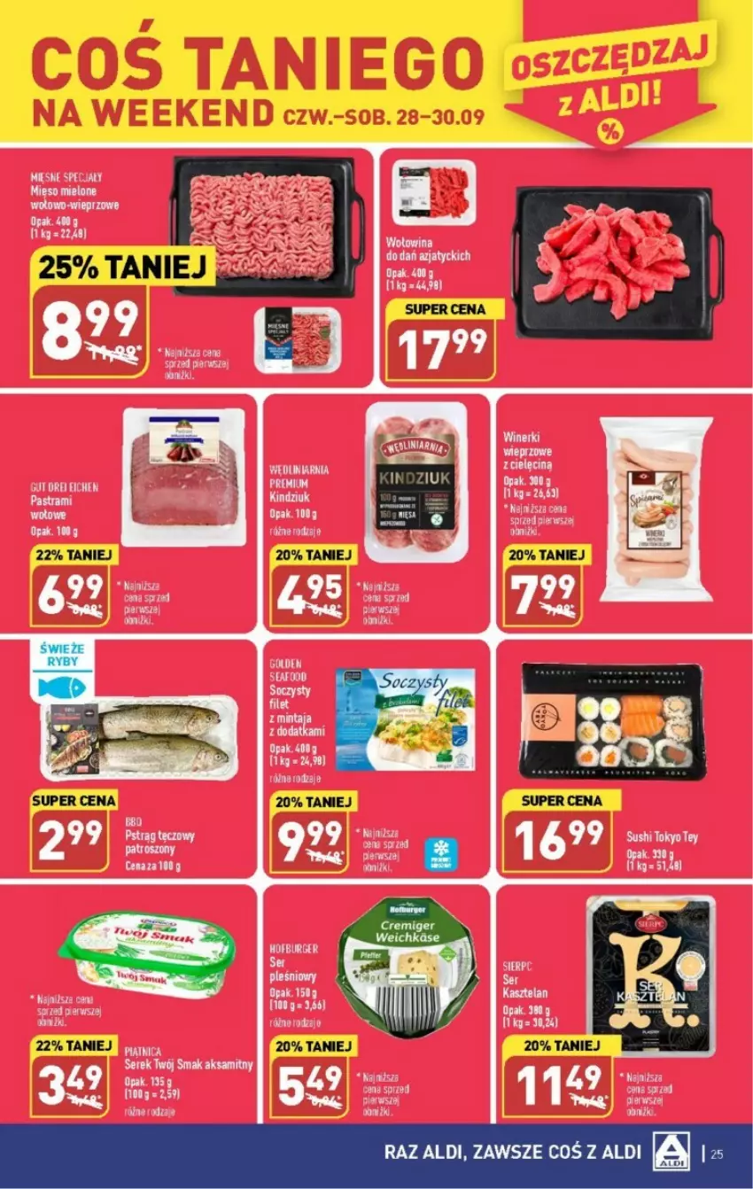 Gazetka promocyjna Aldi - ważna 25.09 do 30.09.2023 - strona 18 - produkty: Aksam, Golden Seafood, Kasztelan, Kindziuk, Mięsne specjały, Mięso, Mięso mielone, Mintaj, Ser, Serek, Twój Smak