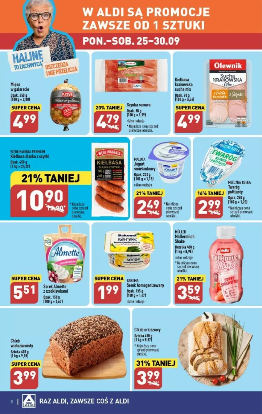 Gazetka promocyjna Aldi - ważna 25.09 do 30.09.2023 - strona 38 - produkty: Almette, Bakoma, Chleb, Chleb wieloziarnisty, Gala, K2, Kiełbasa, Kiełbasa krakowska, Miecz, Mięso, Mięso w galarecie, Rzodkiewka, Ser, Serek, Serek homogenizowany, Sól, Twaróg