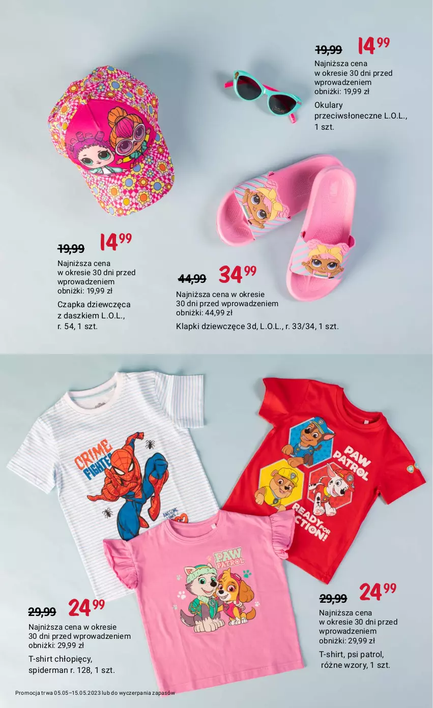 Gazetka promocyjna Rossmann - 5 maja - ważna 05.05 do 15.05.2023 - strona 16 - produkty: Czapka, Klapki, L.O.L., Psi Patrol, Spiderman, T-shirt