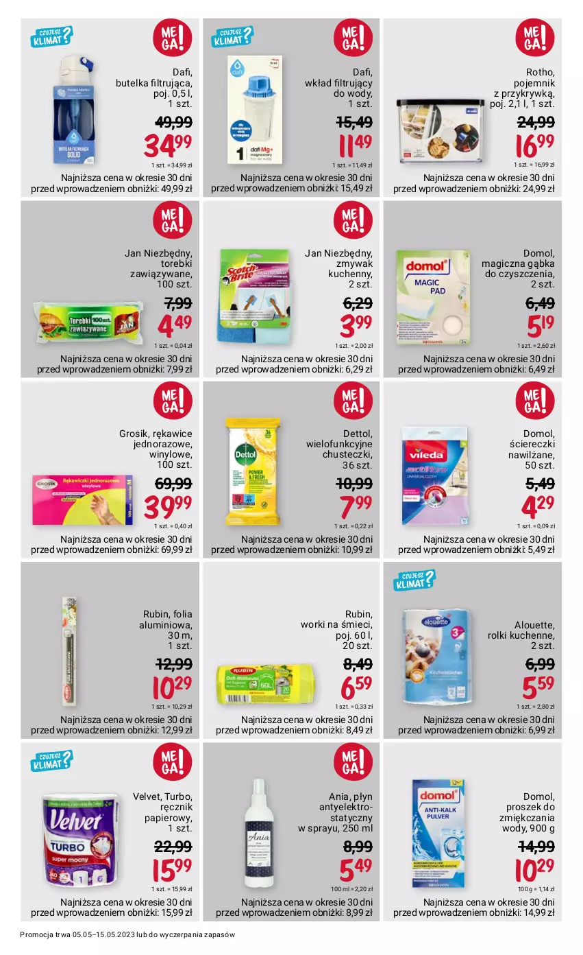 Gazetka promocyjna Rossmann - 5 maja - ważna 05.05 do 15.05.2023 - strona 9 - produkty: Alouette, Chusteczki, Dettol, Domol, Folia aluminiowa, Jan Niezbędny, Papier, Pojemnik, Ręcznik, Rękawice, Rękawice jednorazowe, Rolki, Rolki kuchenne, Rubin, Velvet, Wkład filtrujący, Worki na śmiec, Worki na śmieci