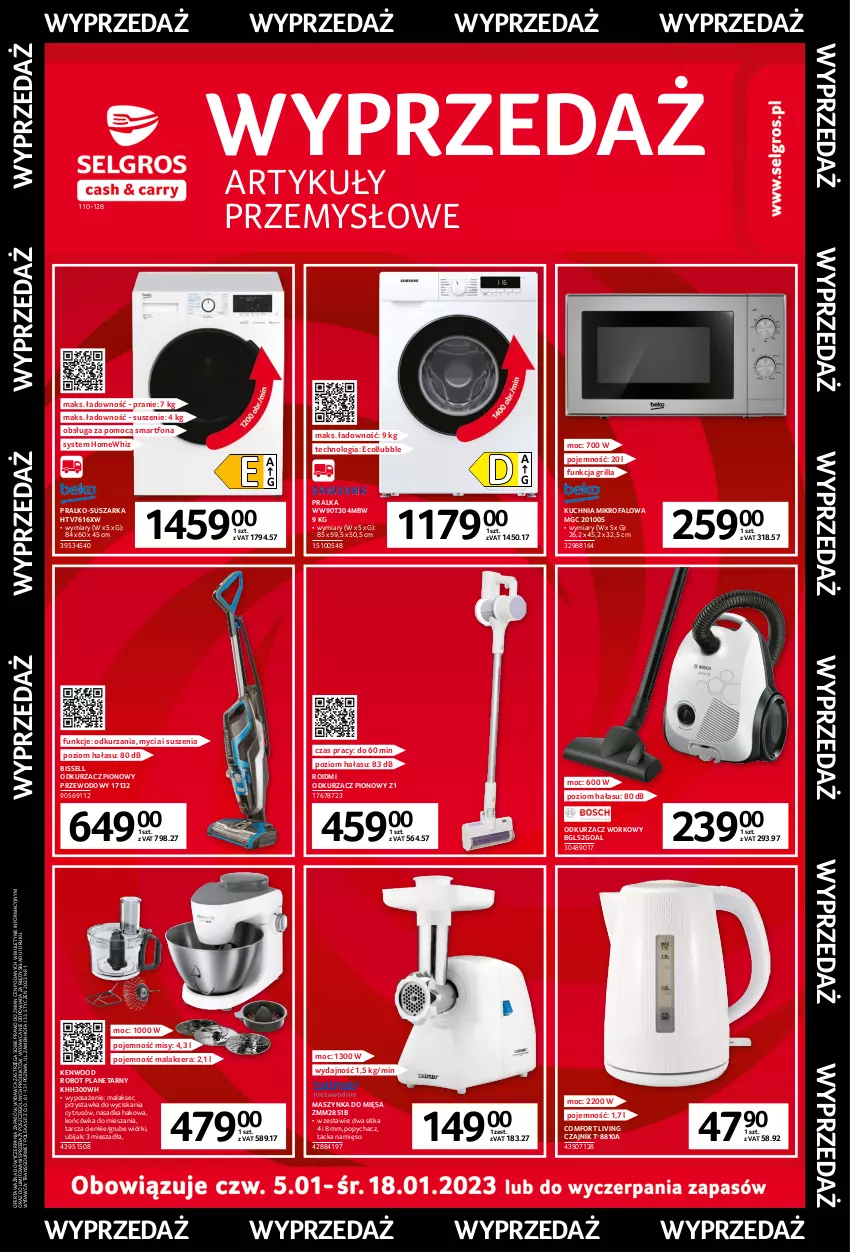 Gazetka promocyjna Selgros - Katalog Wyprzedaż - ważna 05.01 do 18.01.2023 - strona 1 - produkty: Czajnik, Fa, Goal, Grill, Kuchnia, Maszynka, Mięso, Odkurzacz, Pralka, Pralko-suszarka, Robot, Robot planetarny, Ser, Smartfon, Suszarka, Szynka, Tran