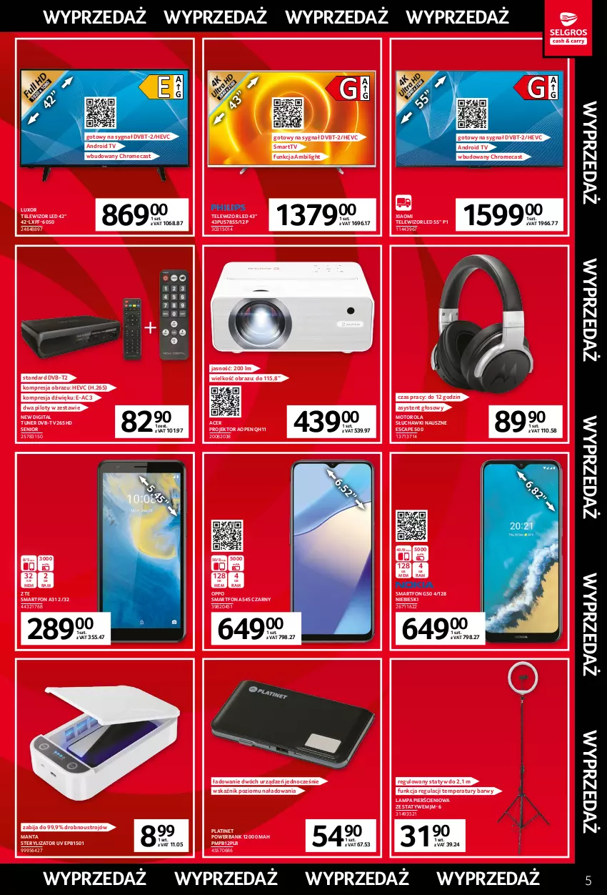 Gazetka promocyjna Selgros - Katalog Wyprzedaż - ważna 05.01 do 18.01.2023 - strona 5 - produkty: Acer, Android TV, Lampa, Manta, Motorola, Obraz, PLATINET, Powerbank, Słuchawki, Smartfon, Sterylizator, Telewizor