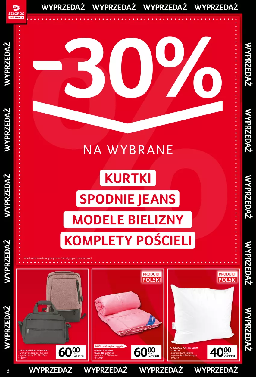 Gazetka promocyjna Selgros - Katalog Wyprzedaż - ważna 05.01 do 18.01.2023 - strona 8 - produkty: Kołdra, Plecak, Poduszka, Pościel, Spodnie, Spodnie jeans, Torba, Wełna