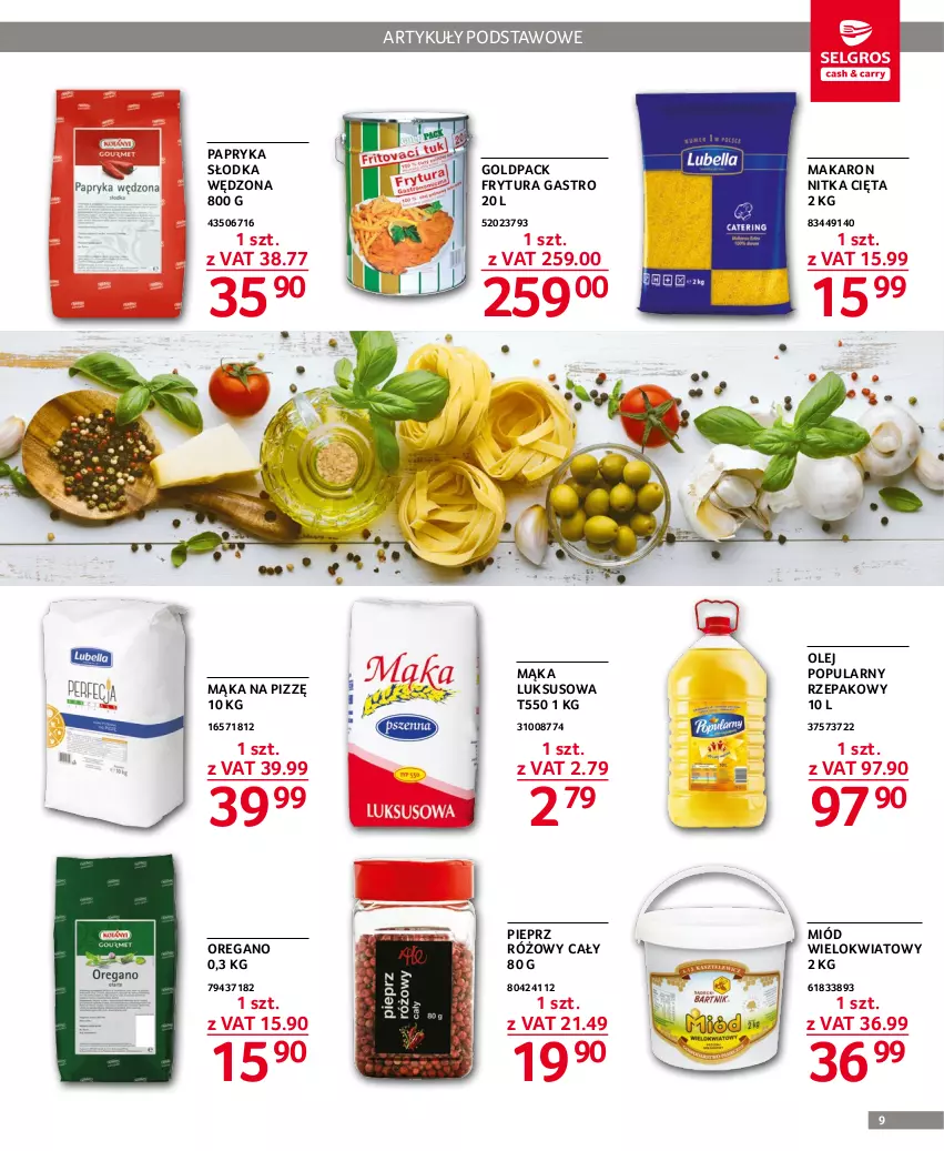 Gazetka promocyjna Selgros - Oferta gastronomiczna - ważna 03.11 do 16.11.2022 - strona 9 - produkty: Mąka, Mąka luksusowa, Makaron, Miód, Olej, Papryka, Papryka słodka, Pieprz