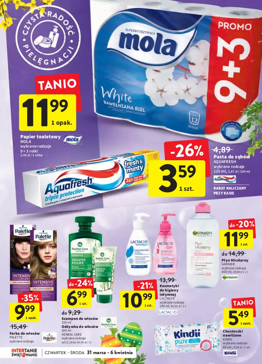 Gazetka promocyjna Intermarche - Świąteczne sprzątanie - ważna 31.03 do 06.04.2022 - strona 36 - produkty: Aquafresh, Chusteczki, Fa, Farba do włosów, Garnier, Kindii, Lactacyd, Mola, Odżywka, Palette, Papier, Papier toaletowy, Pasta do zębów, Płyn micelarny, Rolki, Szampon