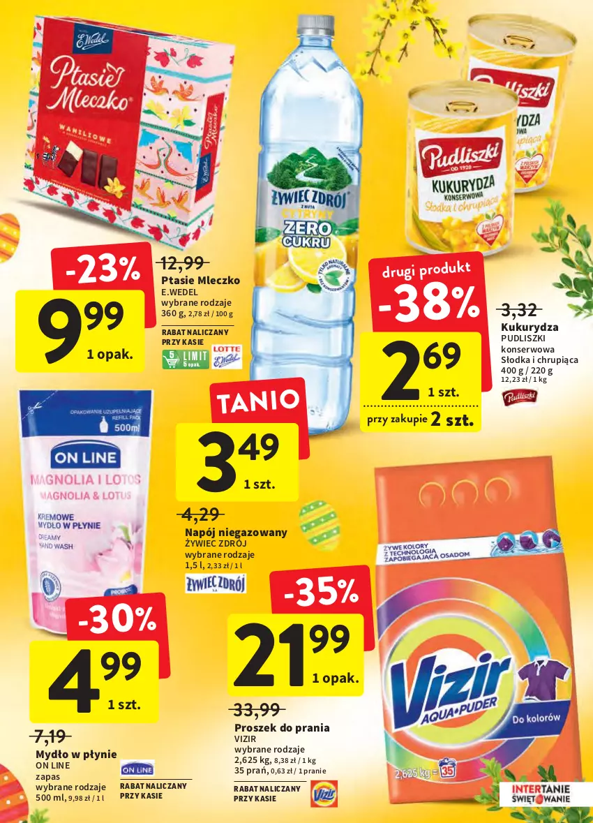 Gazetka promocyjna Intermarche - Świąteczne sprzątanie - ważna 31.03 do 06.04.2022 - strona 5 - produkty: Kukurydza, Mleczko, Mydło, Mydło w płynie, Napój, Napój niegazowany, Proszek do prania, Ptasie mleczko, Pudliszki, Ser, Vizir