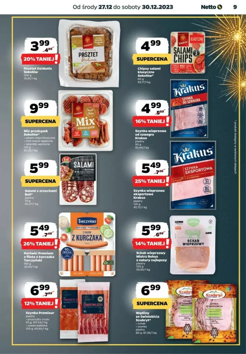 Gazetka promocyjna Netto - ważna 27.12 do 30.12.2023 - strona 29 - produkty: BIC, Chipsy, Krakus, Por, Prosciutto, Salami, Schab wieprzowy, Sok, Sokołów, Sport, Szubryt, Szynka, Szynka wieprzowa