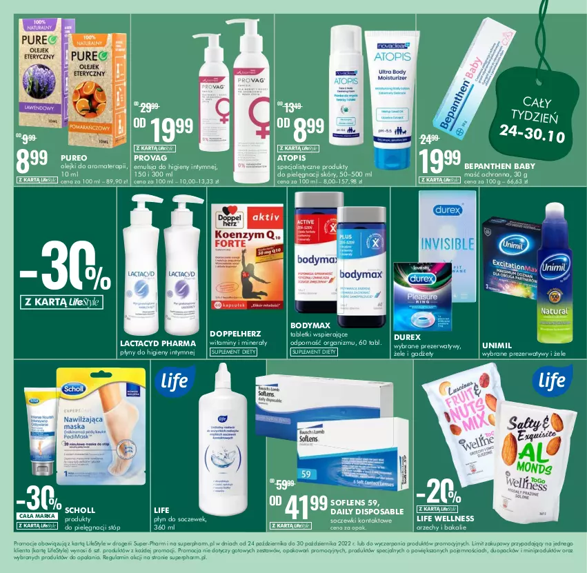 Gazetka promocyjna Super Pharm - Gazetka - ważna 24.10 do 30.10.2022 - strona 11 - produkty: Bepanthen, Body, Bodymax, Doppelherz, Durex, Lactacyd, Olej, Prezerwatyw, Pur, Scholl, Soczewki kontaktowe, Suplement diety, Tera, Top, Unimil