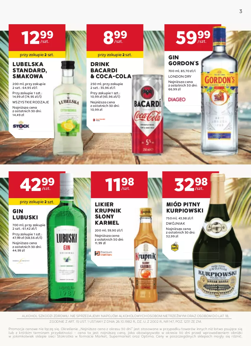 Gazetka promocyjna Stokrotka - W dobrym smaku! - ważna 13.08 do 10.09.2025 - strona 3 - produkty: Bacardi, Coca-Cola, Gin, Krupnik, Likier, Miód, Miód pitny, Optima