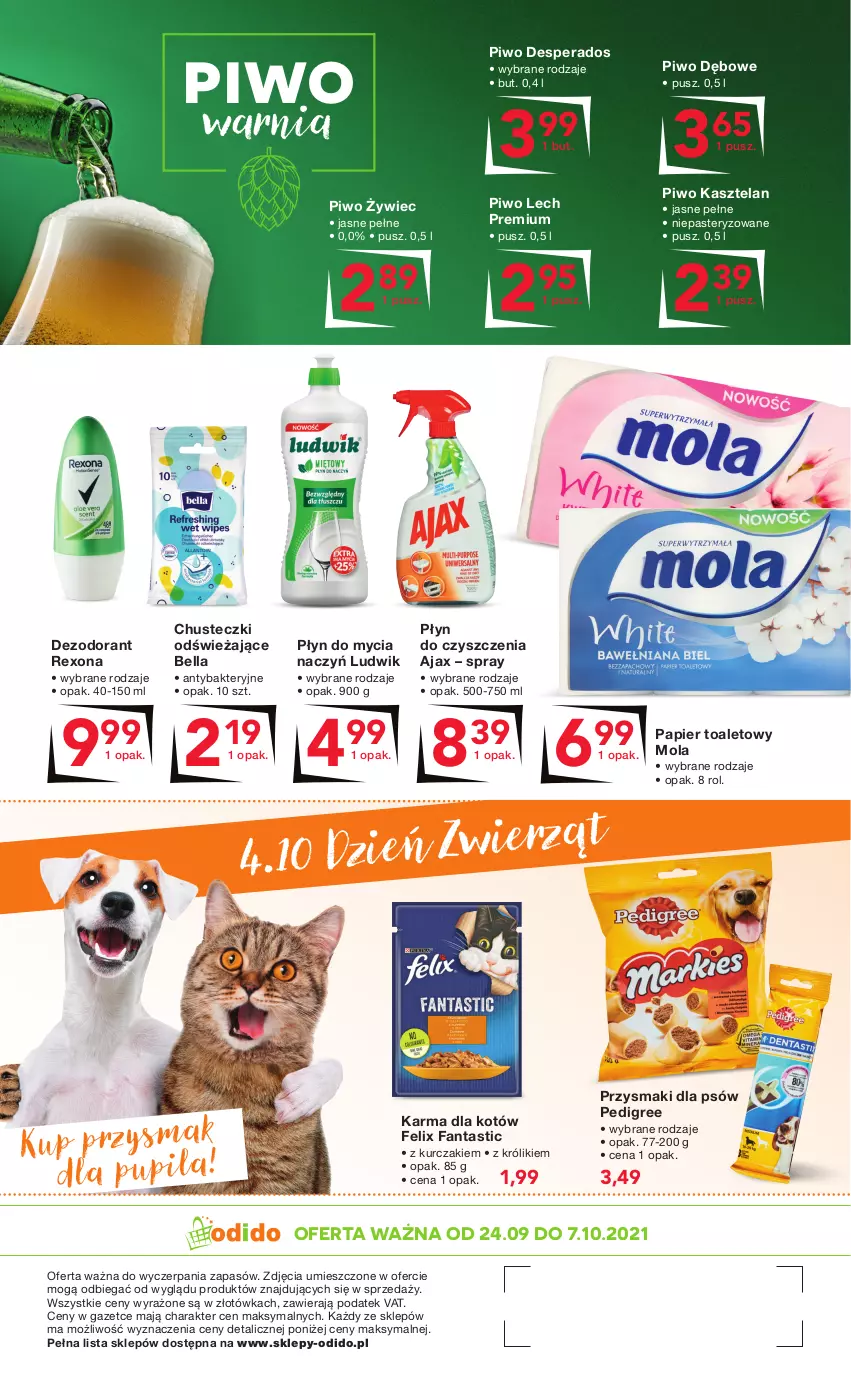 Gazetka promocyjna Odido - Jesienne OKAZJE - ważna 24.09 do 07.10.2021 - strona 8 - produkty: Ajax, Bell, Bella, Chusteczki, Desperados, Dezodorant, Do mycia naczyń, Fa, Fanta, Felix, Kasztelan, Królik, Kurczak, Lech Premium, Ludwik, Mola, Papier, Papier toaletowy, Pedigree, Piwo, Płyn do mycia, Płyn do mycia naczyń, Przysmaki, Rexona