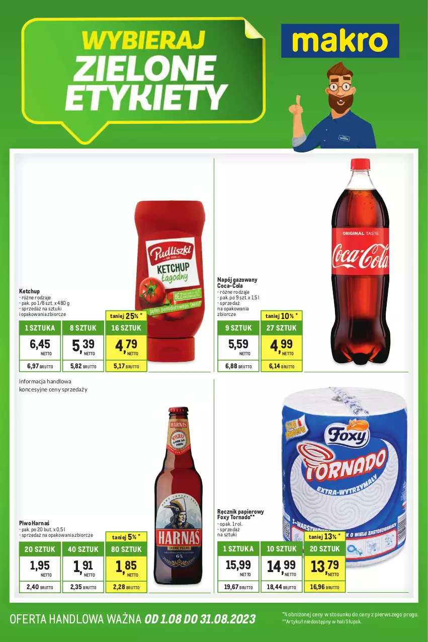 Gazetka promocyjna Makro - Kupujesz więcej płacisz mniej - oferta z alkoholem - ważna 01.08 do 31.08.2023 - strona 1 - produkty: Coca-Cola, Foxy, Harnaś, Ketchup, Napój, Napój gazowany, Papier, Piwo, Ręcznik