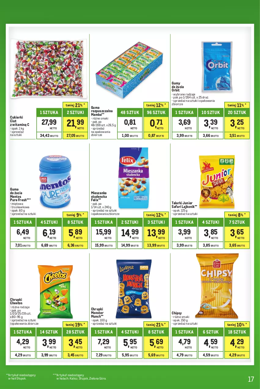 Gazetka promocyjna Makro - Kupujesz więcej płacisz mniej - oferta z alkoholem - ważna 01.08 do 31.08.2023 - strona 17 - produkty: Cheetos, Chipsy, Chrupki, Cukier, Cukierki, Fa, Felix, Guma do żucia, Guma rozpuszczalna, Lajkonik, Mamba, Mentos, Mieszanka studencka, Monster Munch, Orbit, Pur