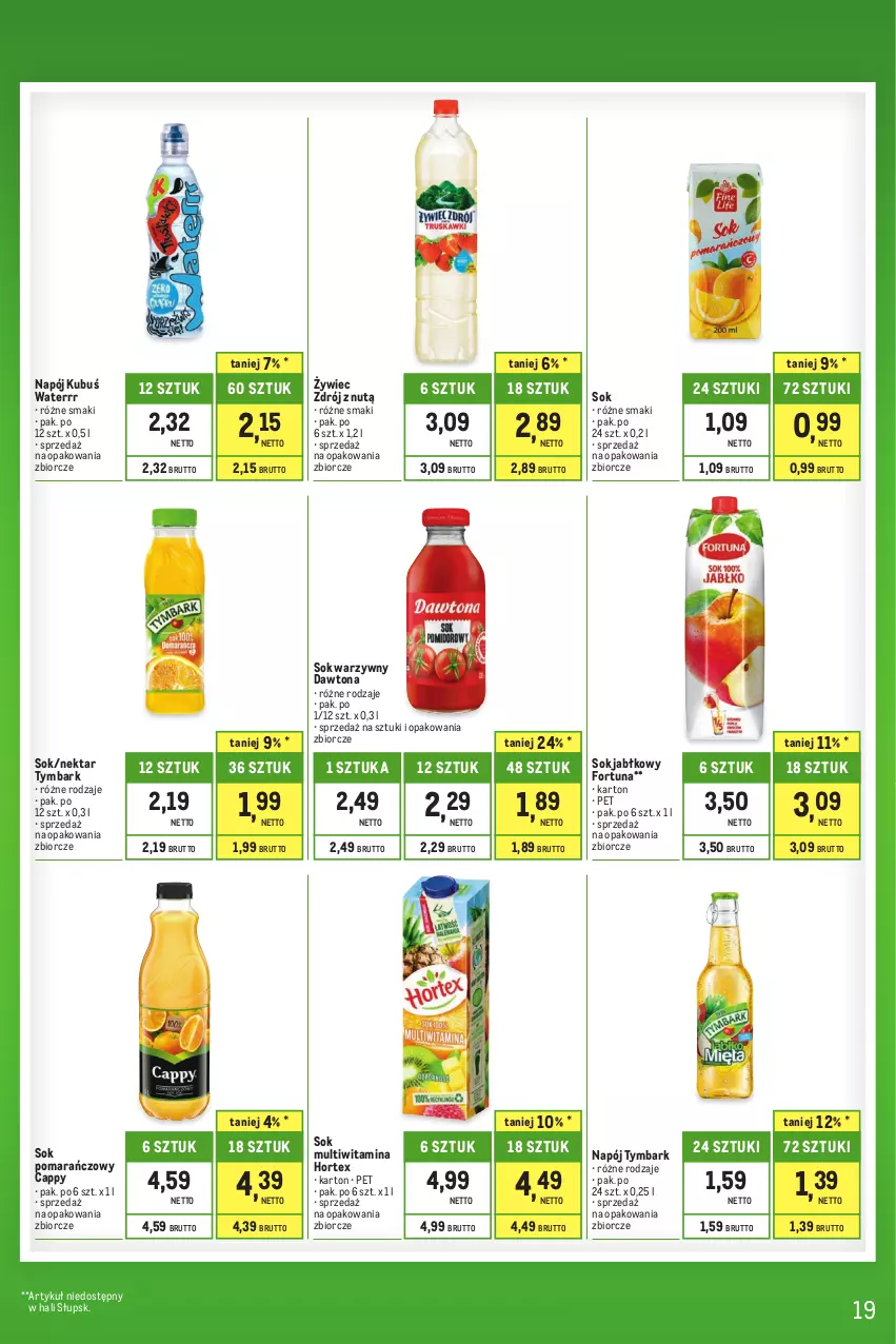 Gazetka promocyjna Makro - Kupujesz więcej płacisz mniej - oferta z alkoholem - ważna 01.08 do 31.08.2023 - strona 19 - produkty: Cappy, Dawtona, Fortuna, Hortex, Kubuś, Kubuś Waterrr, Napój, Nektar, Sok, Sok jabłkowy, Sok pomarańczowy, Tymbark