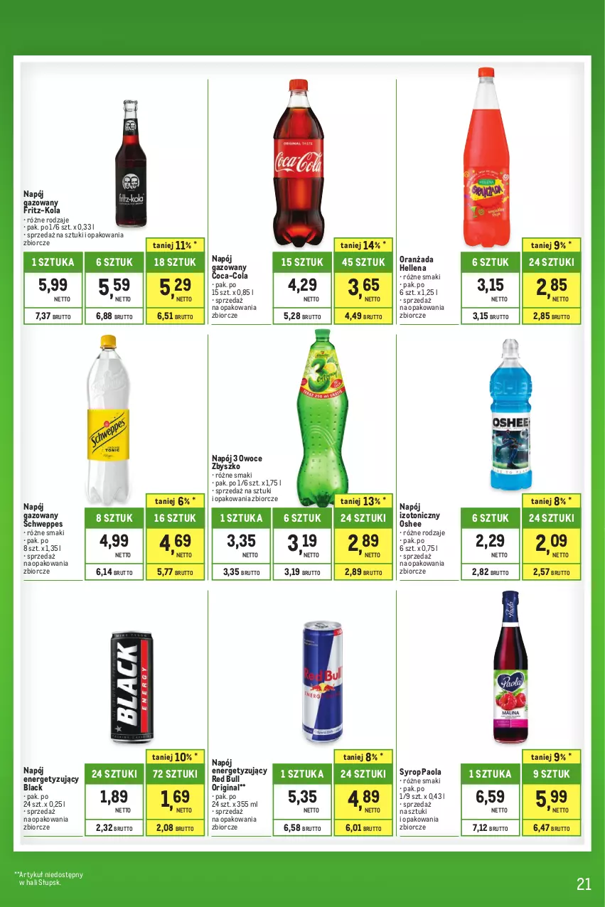 Gazetka promocyjna Makro - Kupujesz więcej płacisz mniej - oferta z alkoholem - ważna 01.08 do 31.08.2023 - strona 21 - produkty: Coca-Cola, Gin, Hellena, Lack, Napój, Napój gazowany, Napój izotoniczny, Oranżada, Oshee, Owoce, Paola, Red Bull, Schweppes, Syrop