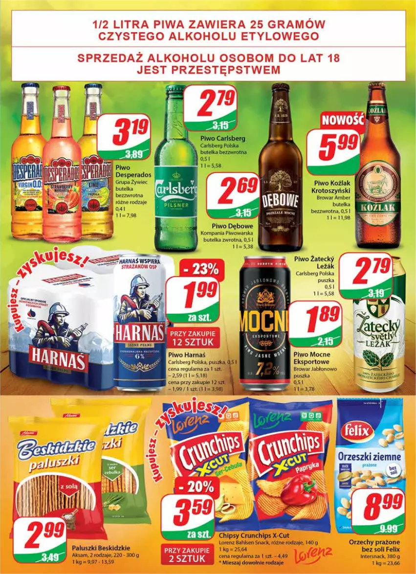 Gazetka promocyjna Dino - Gazetka - ważna 17.11 do 23.11.2021 - strona 15 - produkty: Aksam, Beskidzki, Carlsberg, Chipsy, Crunchips, Felix, Harnaś, Lorenz, Orzeszki, Orzeszki ziemne, Piwo, Por, Sport