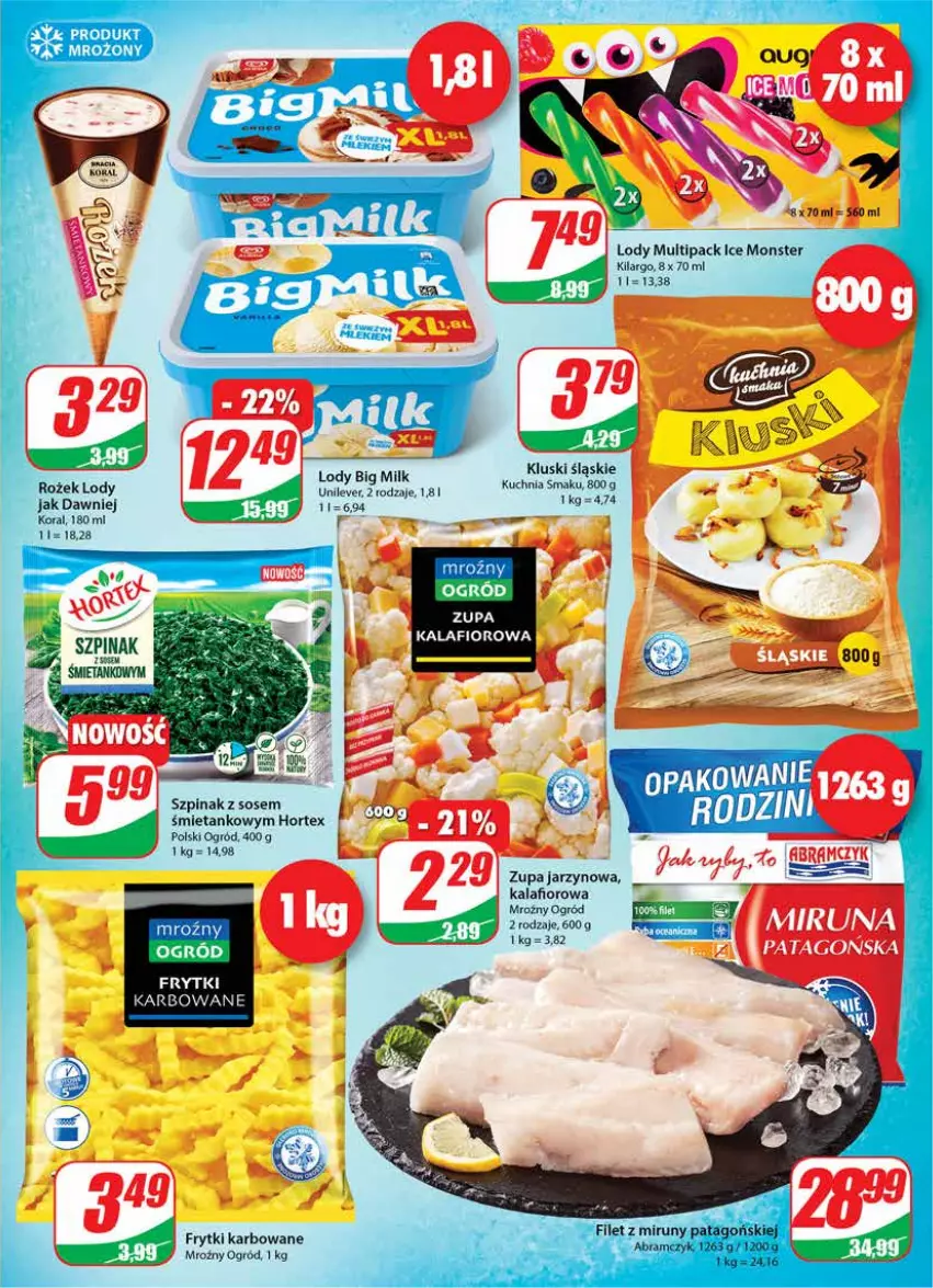 Gazetka promocyjna Dino - Gazetka - ważna 17.11 do 23.11.2021 - strona 9 - produkty: Big Milk, Frytki, Hortex, Ice Monster, Kalafior, Kuchnia, Lody, Miruna, Ogród, Sos, Szpinak, Tago, Zupa