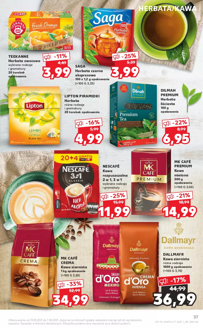 Gazetka promocyjna Kaufland - OFERTA TYGODNIA - ważna 31.03 do 07.04.2021 - strona 37 - produkty: Dallmayr, Dilmah, Gra, Herbata, Herbata czarna, Herbata owocowa, Kawa, Kawa mielona, Kawa rozpuszczalna, Kawa ziarnista, Lipton, Nescafé, Rama, Saga, Teekanne