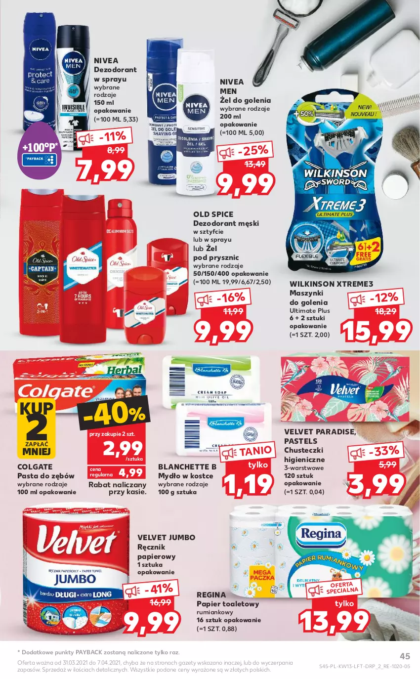 Gazetka promocyjna Kaufland - OFERTA TYGODNIA - ważna 31.03 do 07.04.2021 - strona 45 - produkty: Chusteczki, Colgate, Dezodorant, Gin, LG, Mydło, Nivea, Nivea Men, Old Spice, Papier, Papier toaletowy, Pasta do zębów, Ręcznik, Rum, Velvet