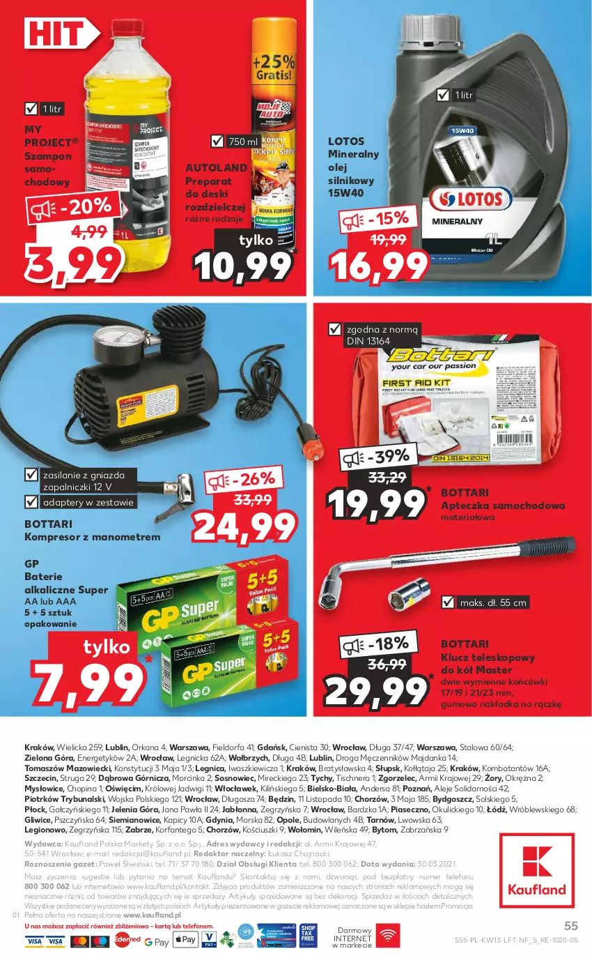 Gazetka promocyjna Kaufland - OFERTA TYGODNIA - ważna 31.03 do 07.04.2021 - strona 55 - produkty: Apteczka samochodowa, Baterie alkaliczne, Dres, Fa, Inka, Kompresor, Olej, Olej silnikowy, Orka, Silan, Sos, Szampon, Telefon, Teleskop, Top