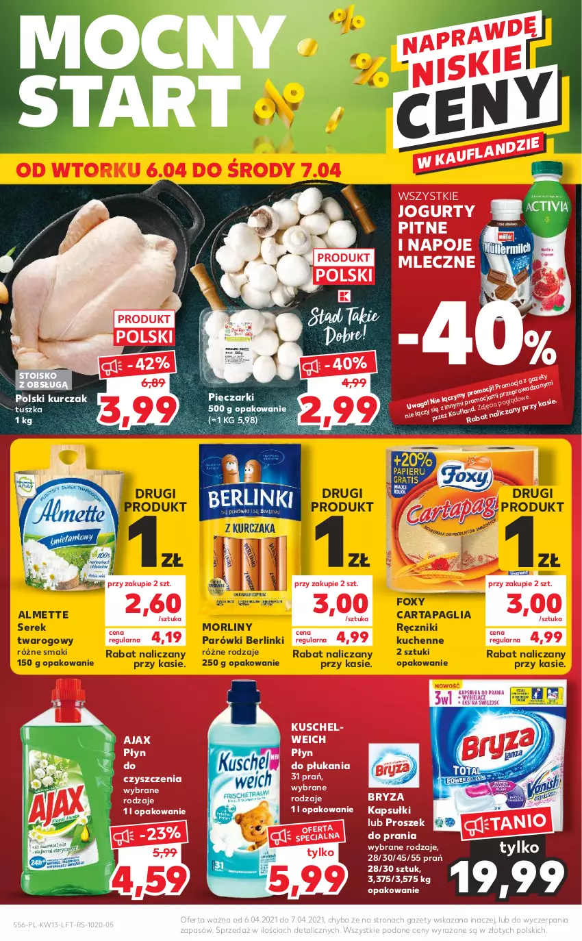 Gazetka promocyjna Kaufland - OFERTA TYGODNIA - ważna 31.03 do 07.04.2021 - strona 56 - produkty: Ajax, Almette, Berlinki, Bryza, Foxy, Jogurt, Kurczak, Morliny, Napoje, Parówki, Piec, Płyn do płukania, Proszek do prania, Ręcznik, Ser, Serek, Serek twarogowy, Tusz