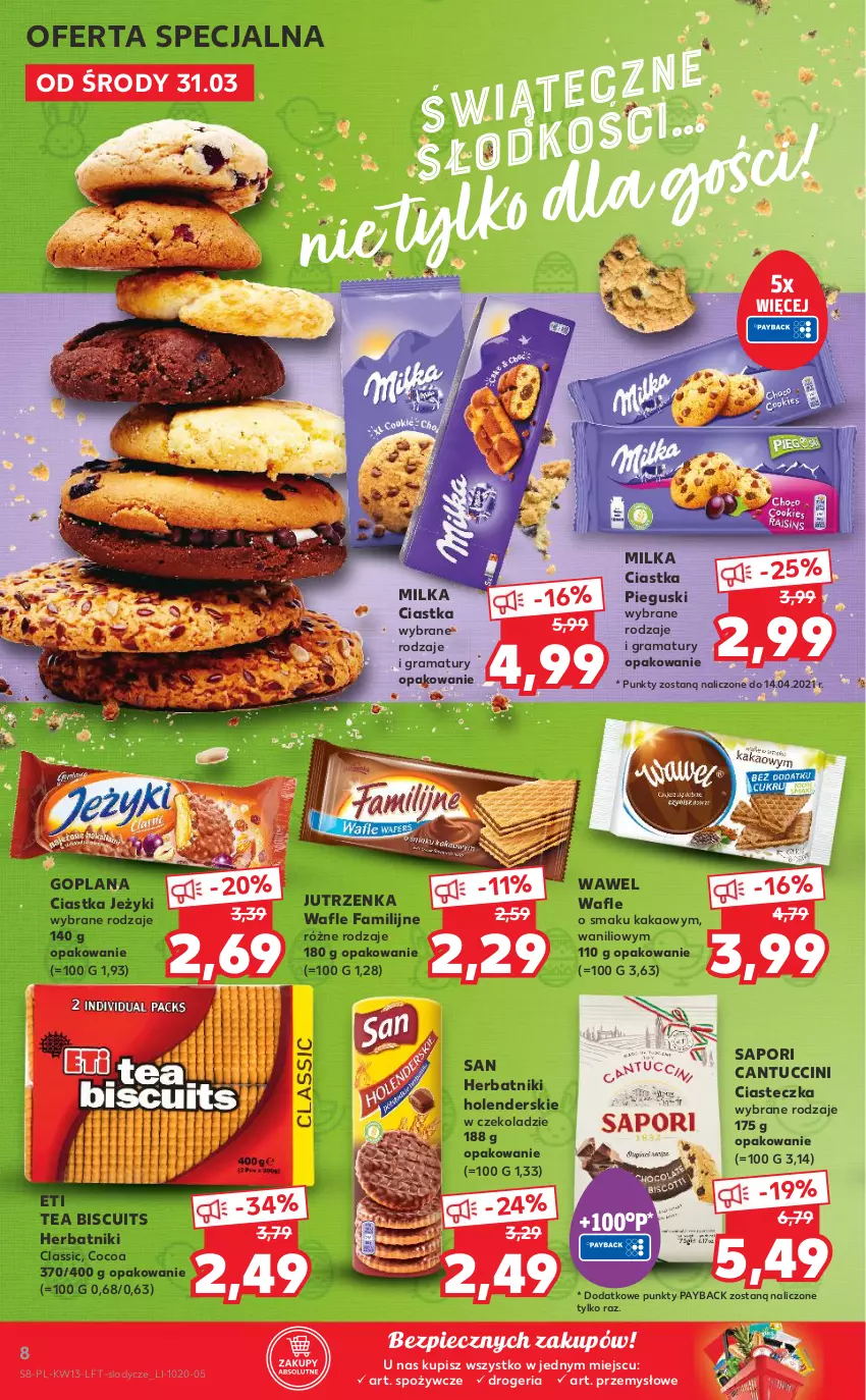 Gazetka promocyjna Kaufland - OFERTA TYGODNIA - ważna 31.03 do 07.04.2021 - strona 8 - produkty: Ciastka, Fa, Goplana, Gra, Herbatniki, Jeżyki, Jutrzenka, Kakao, LANA, Lody, Milka, Piec, Por, Rama, Wafle, Wawel