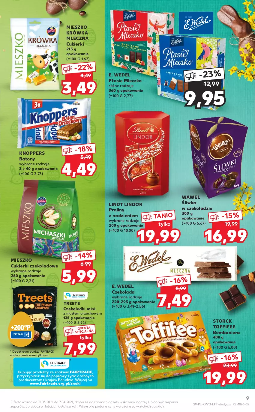 Gazetka promocyjna Kaufland - OFERTA TYGODNIA - ważna 31.03 do 07.04.2021 - strona 9 - produkty: Baton, Bomboniera, Cukier, Cukierki, Cukierki czekoladowe, Czekolada, E. Wedel, Fa, Knoppers, Lindor, Lindt, Lody, Mleczko, Praliny, Ptasie mleczko, Toffifee, Wawel