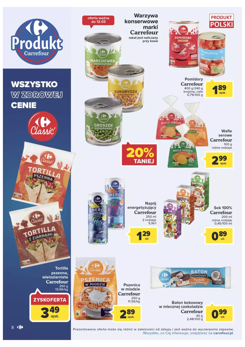 Gazetka promocyjna Carrefour - Gazetka Marka Carrefour - ważna 08.03 do 19.03.2022 - strona 8 - produkty: Baton, Groszek, Kokos, Kukurydza, Napój, Pomidory, Ser, Sok, Tortilla, Wafle, Warzywa, Warzywa konserwowe