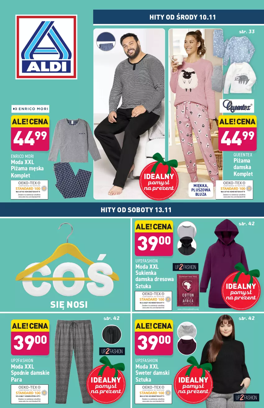 Gazetka promocyjna Aldi - ważna 08.11 do 13.11.2021 - strona 1 - produkty: Bluza, Dres, Fa, Moda, Piżama, Queentex, Spodnie, Sukienka, Sweter