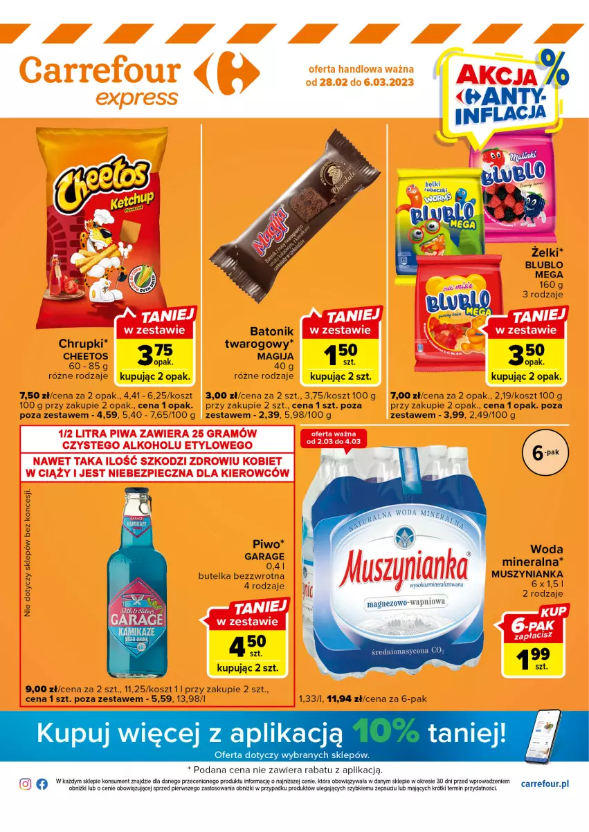 Gazetka promocyjna Carrefour - Gazetka Express - ważna 28.02 do 06.03.2023 - strona 1 - produkty: Baton, Cheetos, Chrupki, Kosz, Magija, Magnez, Mus, Muszynianka, Sok, Tonik