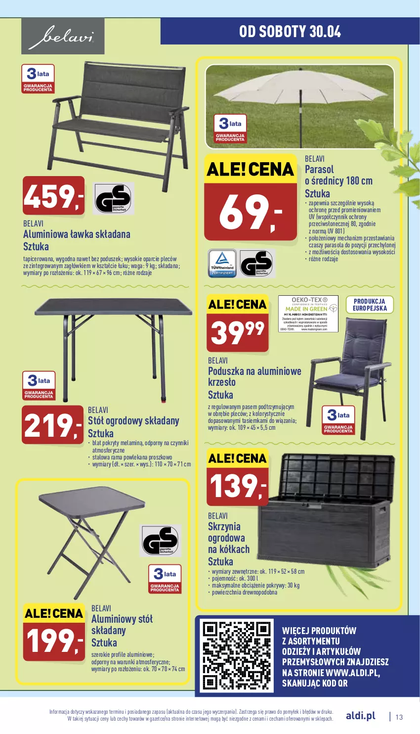 Gazetka promocyjna Aldi - Katalog Moda i Dom - ważna 28.04 do 30.04.2022 - strona 13 - produkty: Krzesło, Parasol, Poduszka, Por, Rama, Sok, Stół, Waga