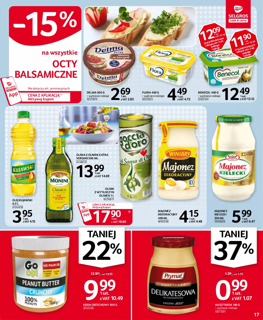 Gazetka promocyjna Selgros - Oferta spożywcza - ważna 15.04 do 28.04.2021 - strona 17 - produkty: Benecol, Delma, Flora, Gin, Krem orzechowy, Kujawski, Majonez, Mus, Musztarda, Olej, Oliwa z oliwek