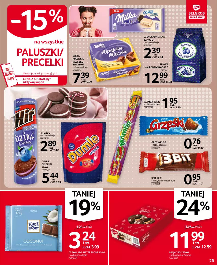 Gazetka promocyjna Selgros - Oferta spożywcza - ważna 15.04 do 28.04.2021 - strona 25 - produkty: Czekolada, Gin, Grześki, Kokos, Mamba, Milka, Mleczko, Por, Precelki, Ritter Sport, Sport