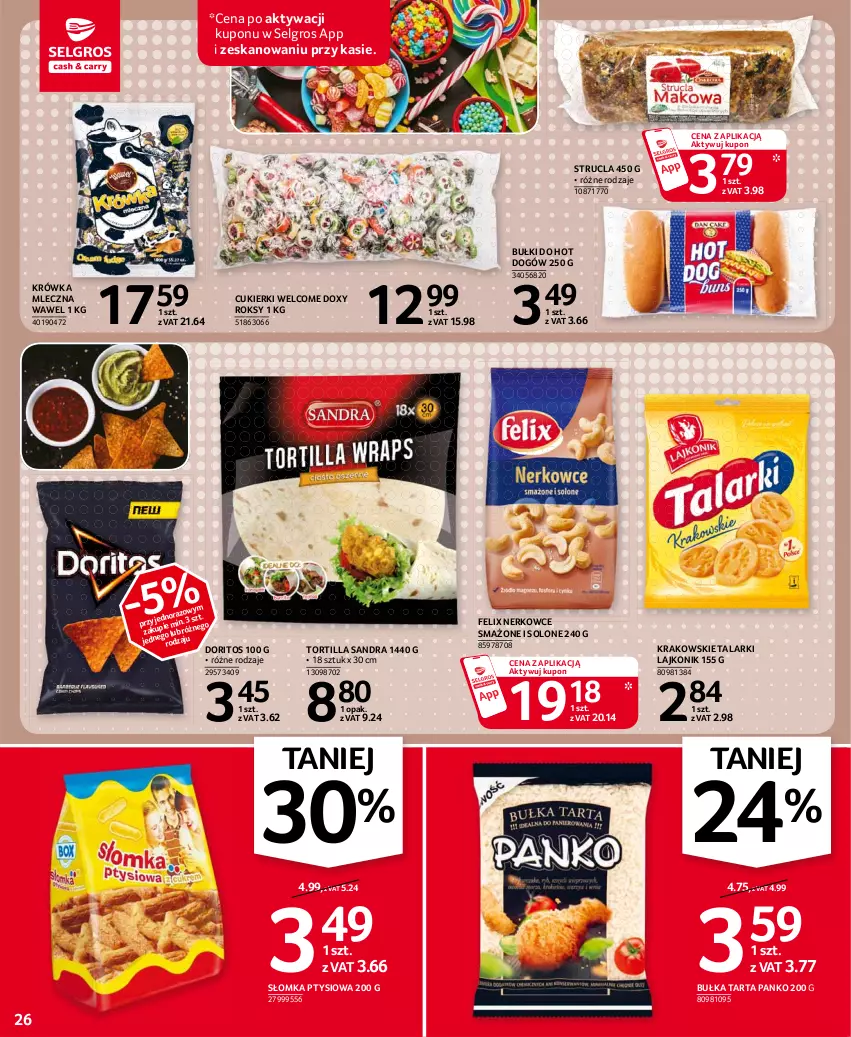 Gazetka promocyjna Selgros - Oferta spożywcza - ważna 15.04 do 28.04.2021 - strona 26 - produkty: Bułka, Bułka tarta, Bułki do hot dogów, Cukier, Cukierki, Felix, Hot dog, Lajkonik, LG, Strucla, Tarta, Tortilla, Wawel