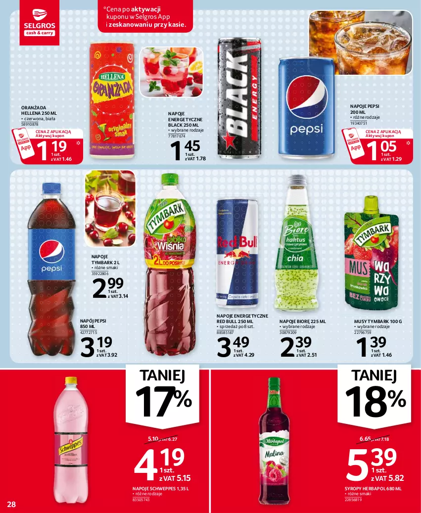 Gazetka promocyjna Selgros - Oferta spożywcza - ważna 15.04 do 28.04.2021 - strona 28 - produkty: Hellena, Herbapol, Lack, LG, Mus, Napój, Napoje, Oranżada, Pepsi, Red Bull, Schweppes, Syrop, Syropy, Tymbark