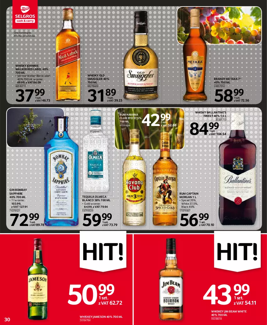 Gazetka promocyjna Selgros - Oferta spożywcza - ważna 15.04 do 28.04.2021 - strona 30 - produkty: Brandy, Captain Morgan, Gin, Jameson, Jim Beam, Johnnie Walker, Lack, Metaxa, Rum, Tequila, Whiskey, Whisky