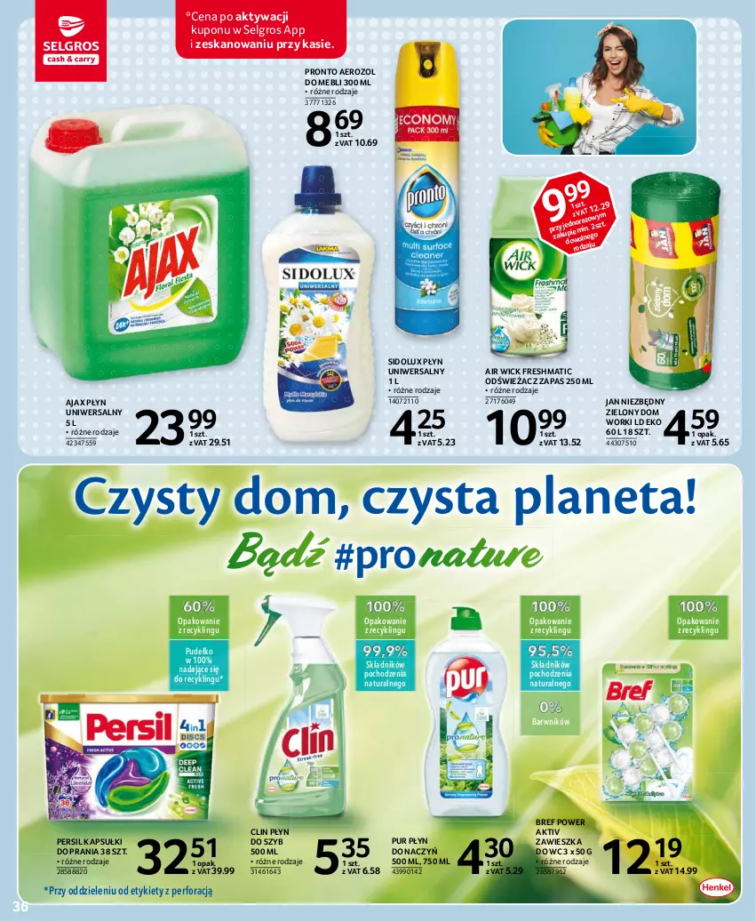 Gazetka promocyjna Selgros - Oferta spożywcza - ważna 15.04 do 28.04.2021 - strona 36 - produkty: Air Wick, Ajax, Bref, Clin, Jan Niezbędny, Kapsułki do prania, LG, Persil, Płyn do szyb, Pronto, Pudełko, Pur, Sidolux, Zawieszka do wc