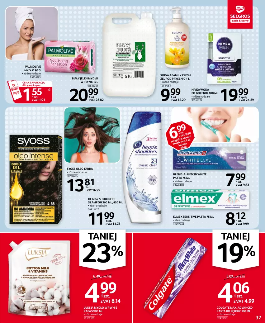 Gazetka promocyjna Selgros - Oferta spożywcza - ważna 15.04 do 28.04.2021 - strona 37 - produkty: Biały Jeleń, Blend-a-Med, Colgate, Elmex, Fa, LG, Luksja, Mydło, Mydło w płynie, Nivea, Oleo, Palmolive, Pasta do zębów, Syoss, Szampon, Woda, Woda po goleniu