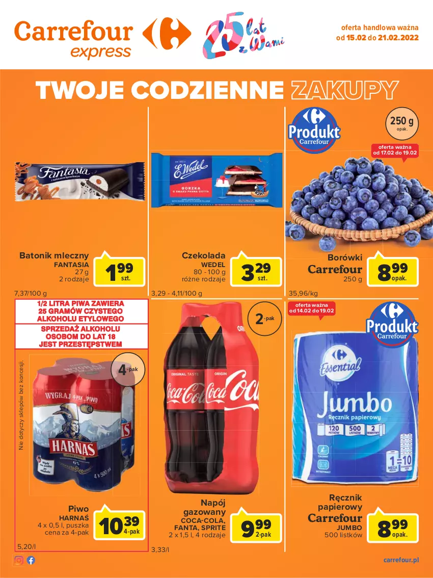 Gazetka promocyjna Carrefour - Gazetka Express - ważna 08.02 do 14.02.2022 - strona 2 - produkty: Baton, Coca-Cola, Czekolada, Fa, Fanta, Gra, Harnaś, Napój, Napój gazowany, Papier, Piwa, Piwo, Ręcznik, Sprite, Tonik